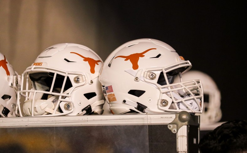 Texas Longhorns football helmets during West Virginia game