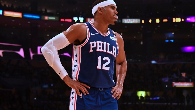 Sixers star Tobias Harris in a game vs the Lakers