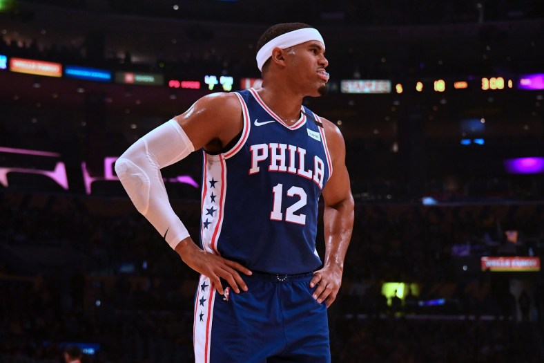 Sixers star Tobias Harris in a game vs the Lakers