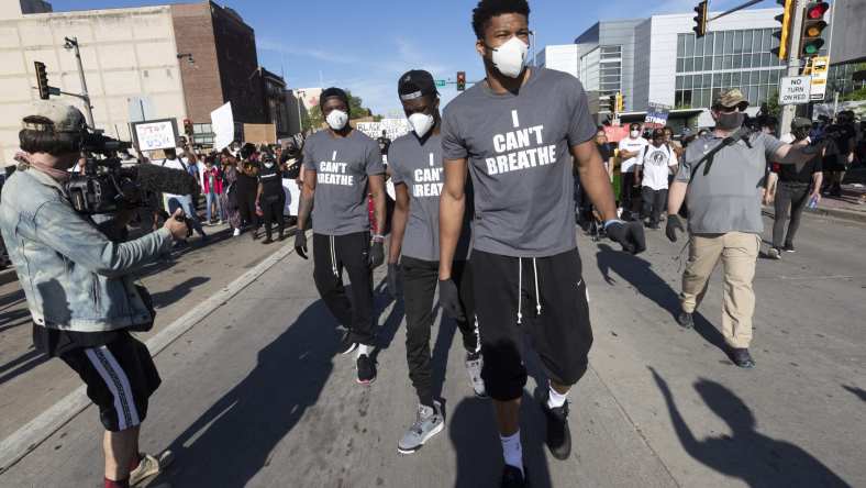 Giannis Antetokounmpo takes part in Black Lives Matter protest