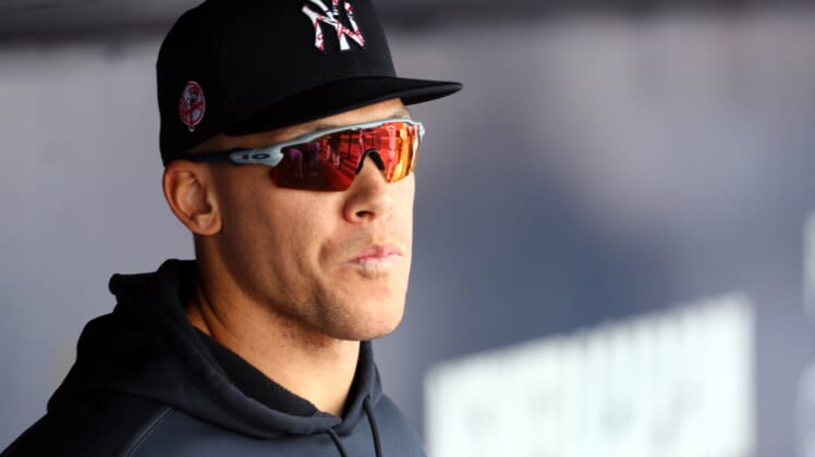 New York Yankees star Aaron Judge in dugout during Spring Training.