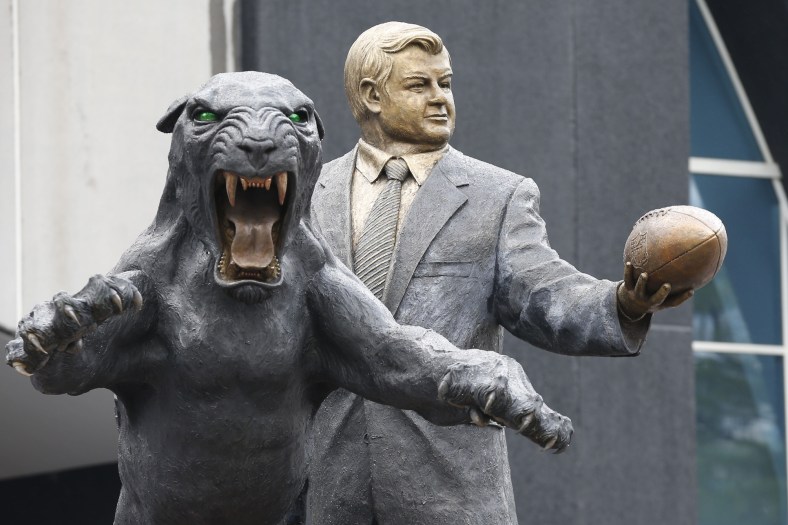 Statue of Jerry Richardson outside Carolina Panthers Bank of America Stadium in Charlotte
