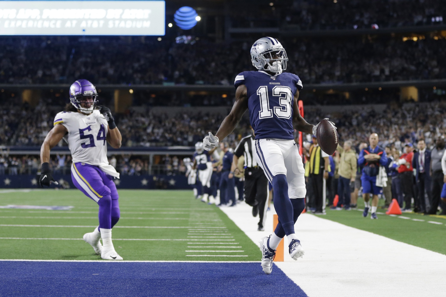 Dallas Cowboys receiver Michael Gallup scores a touchdown