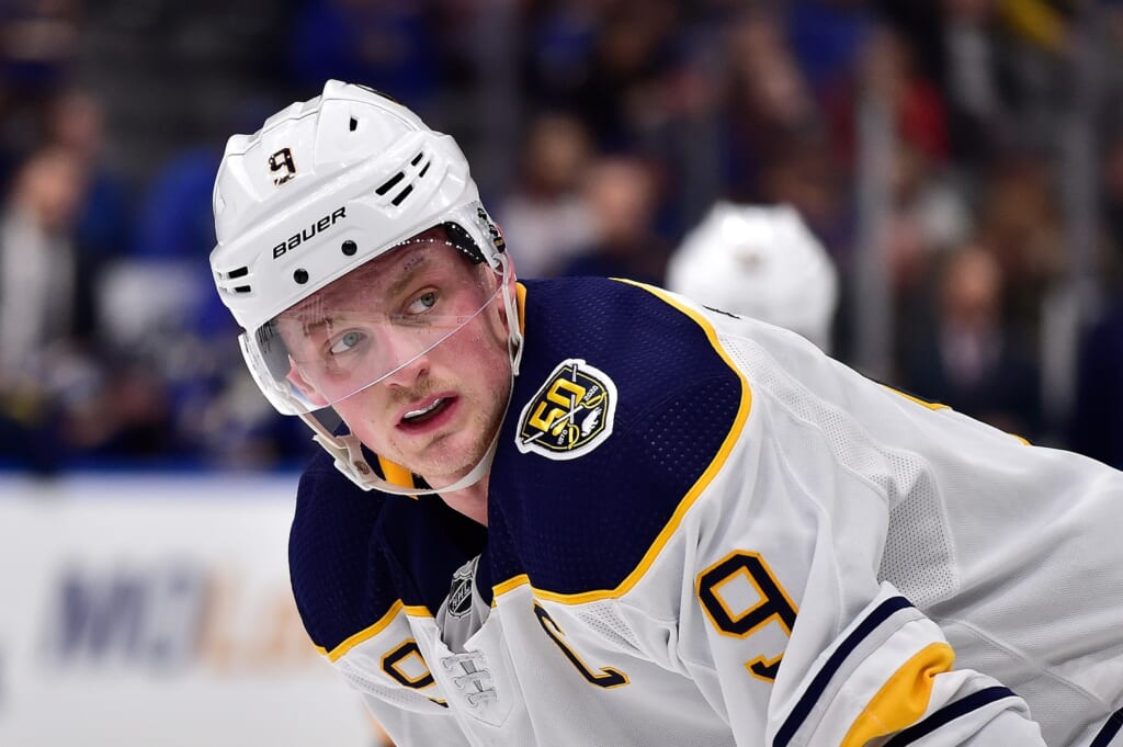 Jack Eichel of the Buffalo Sabres waits for a face off