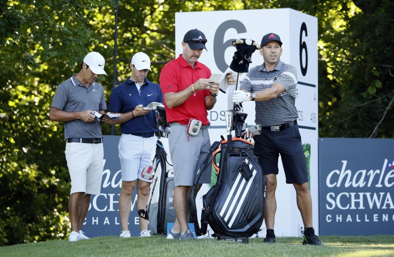 Sergio Garcia prepares to play a shot from the sixth tee during a practice round for the Charles Schwab Challenge golf tournament at Colonial Country Club