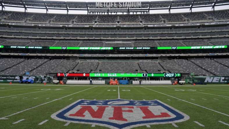 NFL logo at midfield at MetLife Stadium