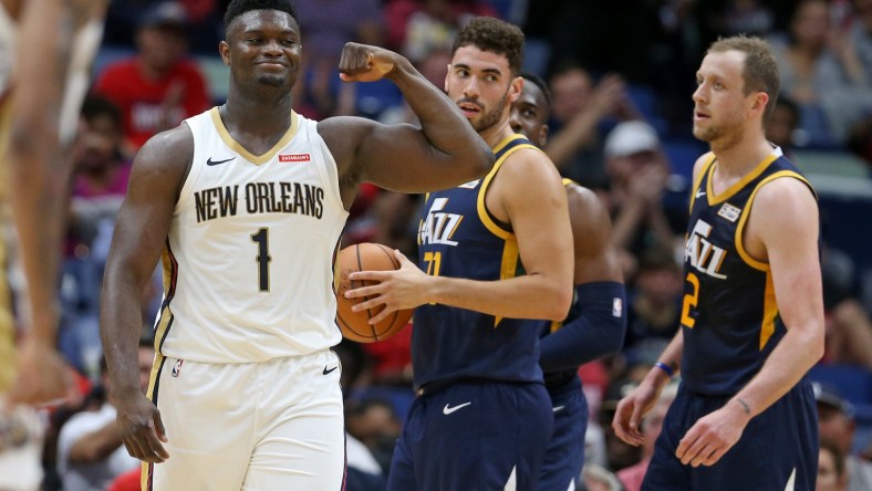 New Orleans Pelicans forward Zion Williamson and Utah Jazz players