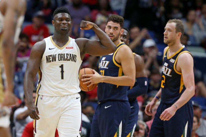 New Orleans Pelicans forward Zion Williamson and Utah Jazz players