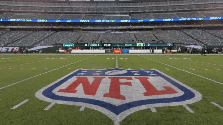 NFL logo at midfield during Jets football game