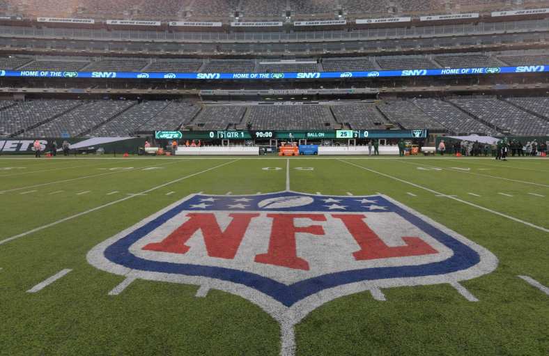 NFL logo at midfield during Jets football game