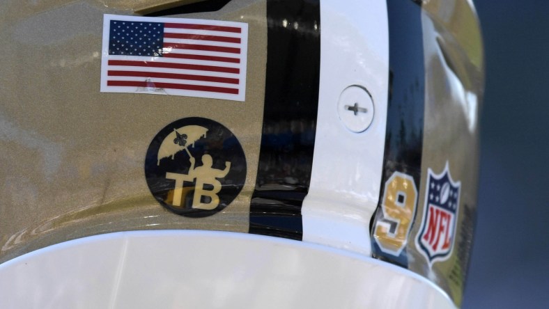 NFL decals on helmet fo New Orleans Saints QB Drew Brees