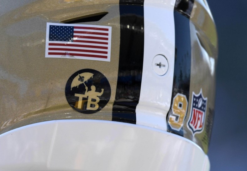 NFL decals on helmet fo New Orleans Saints QB Drew Brees