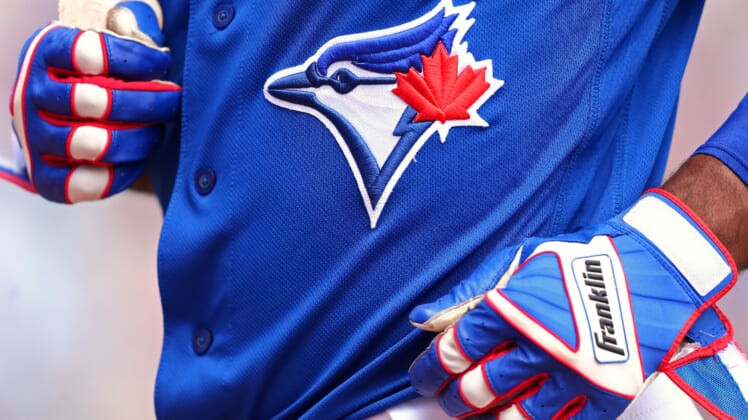 Mar 25, 2018; Dunedin, FL, USA; A view of the Blue Jays logo on an official Majestic game jersey during a game between the Pittsburgh Pirates and the Toronto Blue Jays at Florida Auto Exchange Stadium. Mandatory Credit: Aaron Doster-USA TODAY Sports