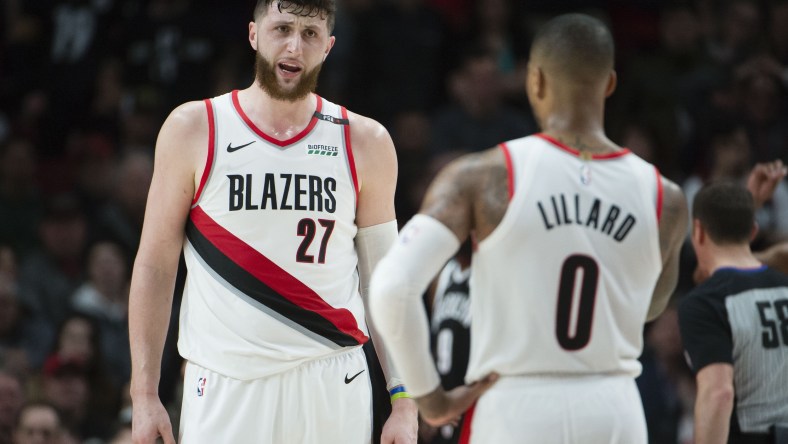 Blazers Jusuf Nurkic and Damian Lillard during game against the Nets