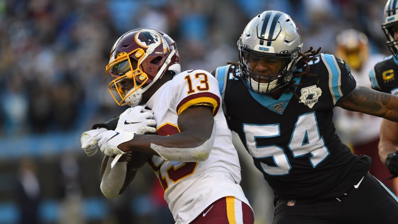 Washington WR Kelvin Harmon goes up against the Panthers