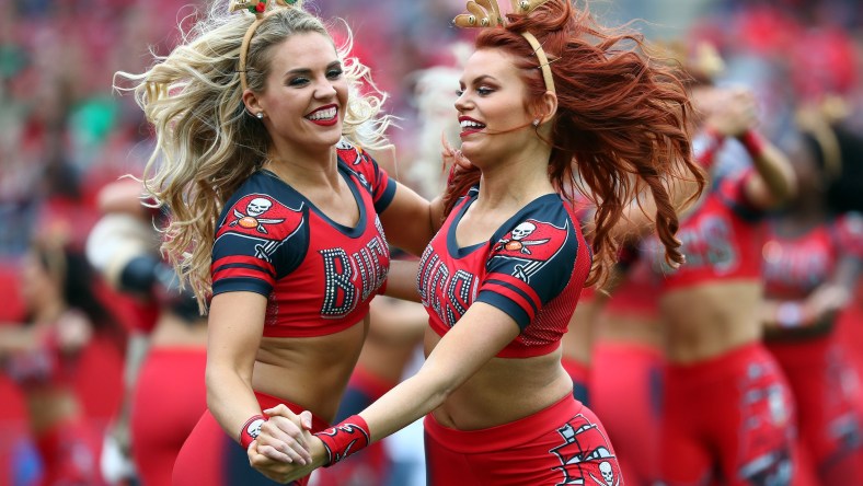 Dec 21, 2019; Tampa, Florida, USA; Tampa Bay Buccaneers cheerleaders dance against the Houston Texans during the first half at Raymond James Stadium. Mandatory Credit: Kim Klement-USA TODAY Sports