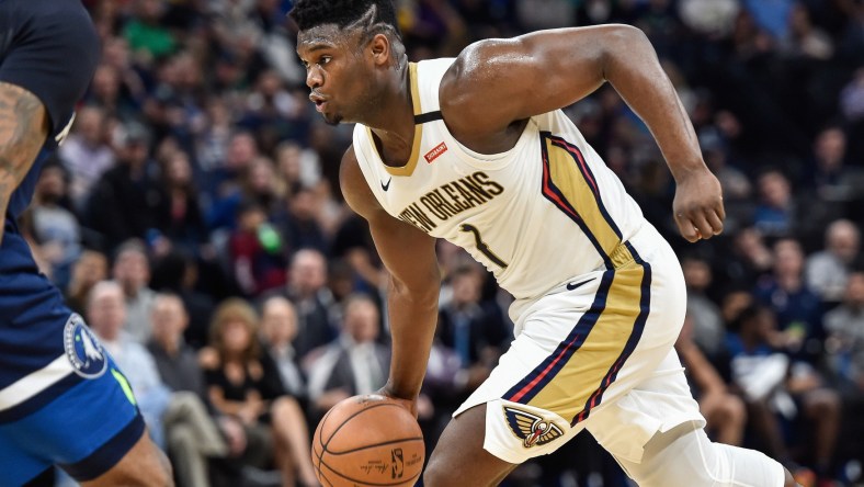 Pelicans star Zion Williamson in an NBA game against the Timberwolves