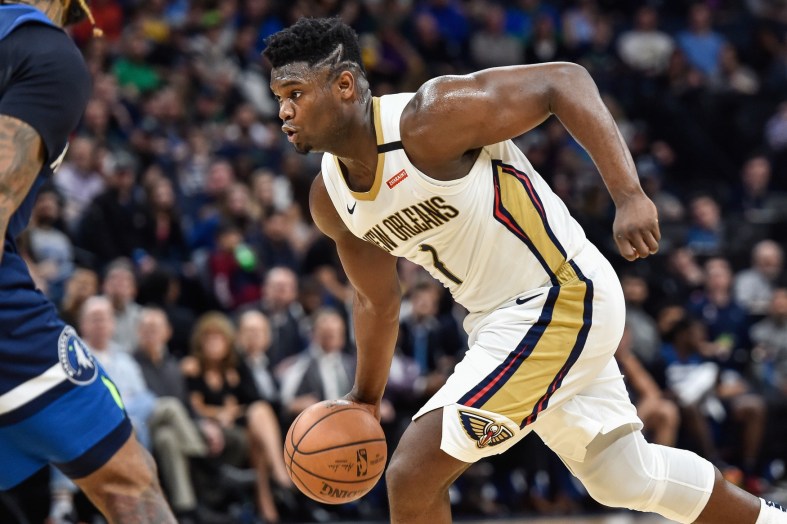 Pelicans star Zion Williamson in an NBA game against the Timberwolves