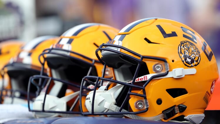 LSU football helmet during game against Florida