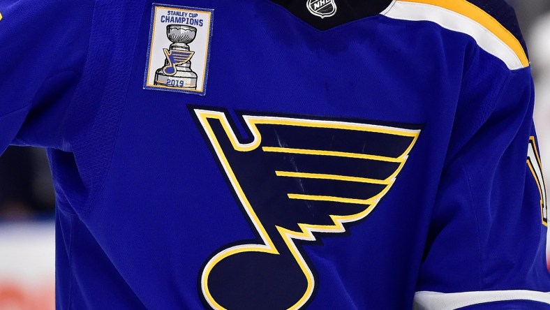 Oct 2, 2019; St. Louis, MO, USA; A Stanley Cup Champions patch on the jersey of St. Louis Blues left wing Jaden Schwartz (17) during the second period against the Washington Capitals at Enterprise Center. Mandatory Credit: Jeff Curry-USA TODAY Sports