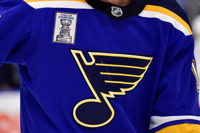 Oct 2, 2019; St. Louis, MO, USA; A Stanley Cup Champions patch on the jersey of St. Louis Blues left wing Jaden Schwartz (17) during the second period against the Washington Capitals at Enterprise Center. Mandatory Credit: Jeff Curry-USA TODAY Sports