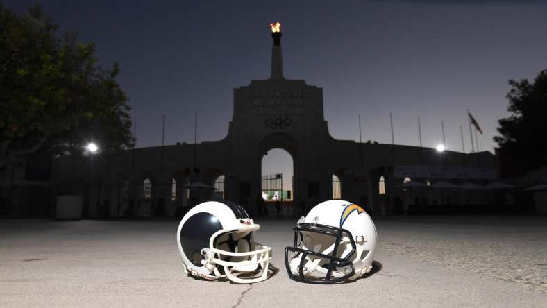 Los Angeles Chargers and Los Angeles Rams helmets