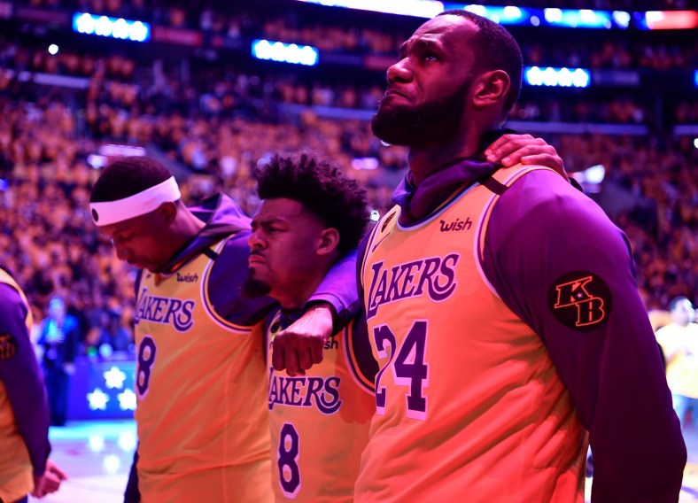 Los Angeles Lakers star Kobe Bryant and teammate wears jersey honoring Kobe Bryant