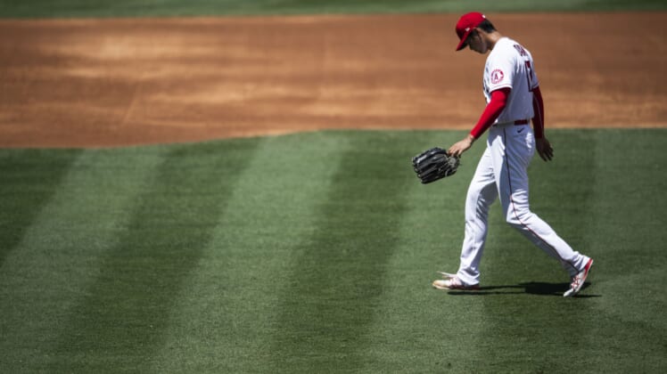 Los Angeles Angels pitcher Shohei Ohtani walks off mound
