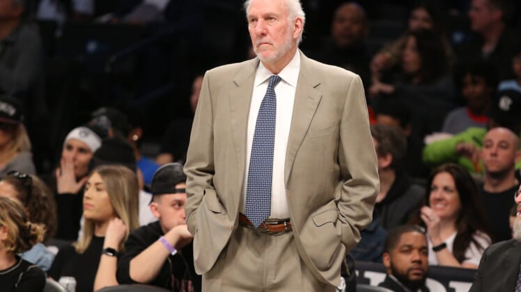 San Antonio Spurs coach Gregg Popovich during game against Brooklyn Nets