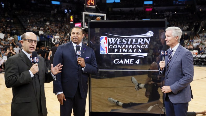 ESPN's Mark Jackson and Jeff Van Gundy during NBA Playoff game