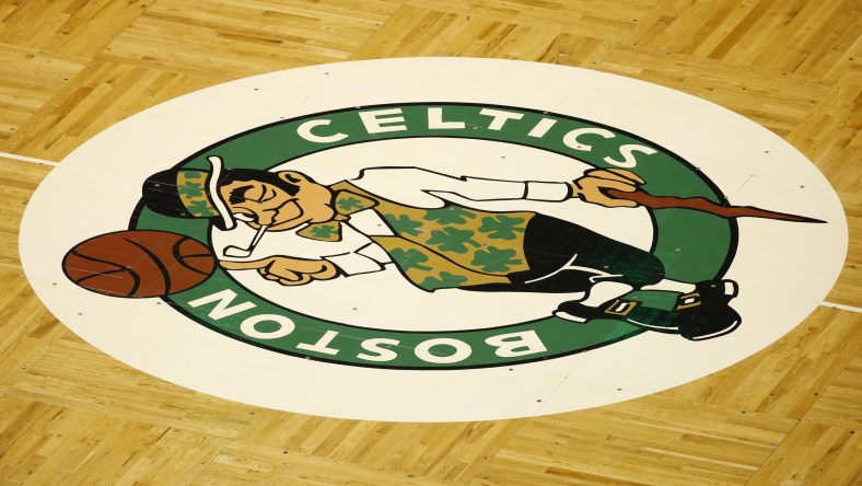 Celtics logo during NBA game against the Lakers