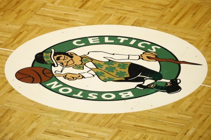 Celtics logo during NBA game against the Lakers