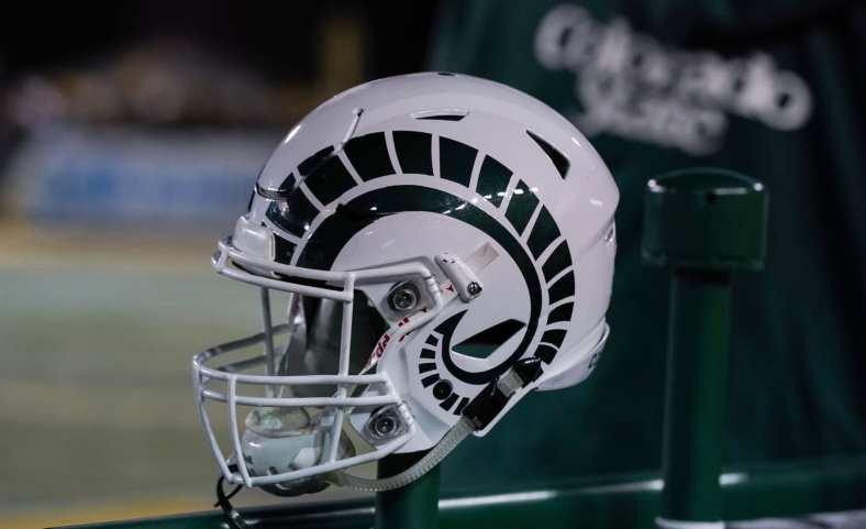 Colorado State football helmet during game against Wyoming.