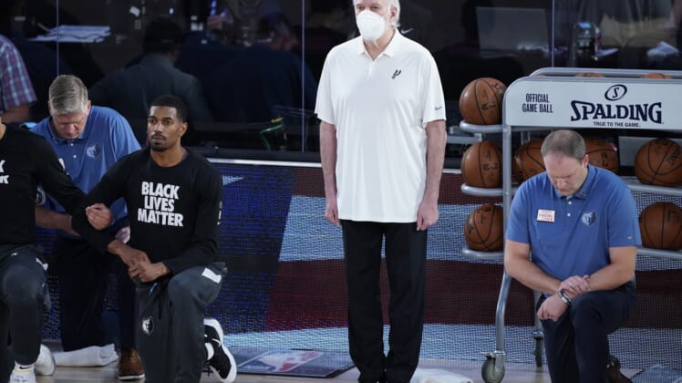 Spurs' Gregg Popovich during National Anthem before Grizzlies game.