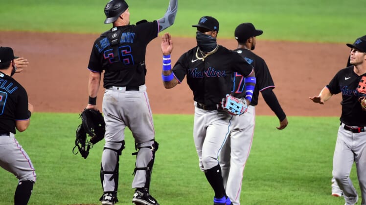 Marlins celebrate after beating Orioles in Doubleheader.
