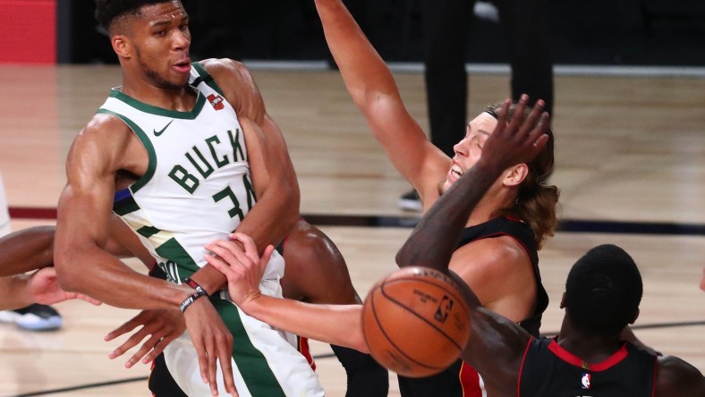 Bucks star Giannis Antetokounmpo against the Heat in Orlando.