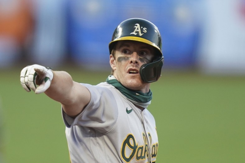 Athletics star Mark Canha after hitting home run against the Giants