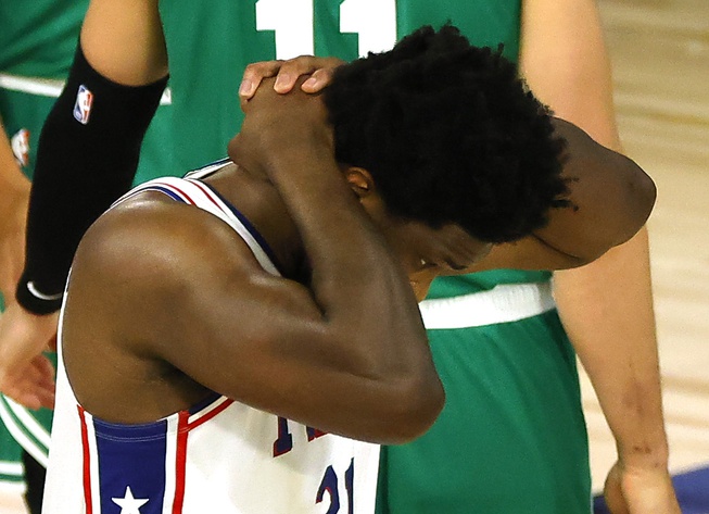 Sixers star Joel Embiid during NBA Playoff game against Celtics