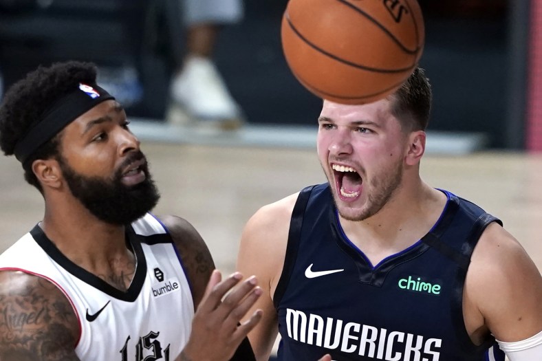 Mavericks' Luka Doncic reacts during NBA Playoff Game against the Clippers