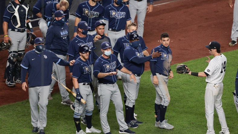 Benches empty after the Tampa Bay Rays and New York Yankees game