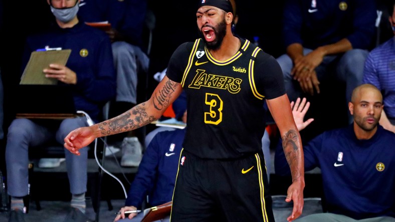 Los Angeles Lakers star Anthony Davis reacts after drilling clutch shot in Game 2