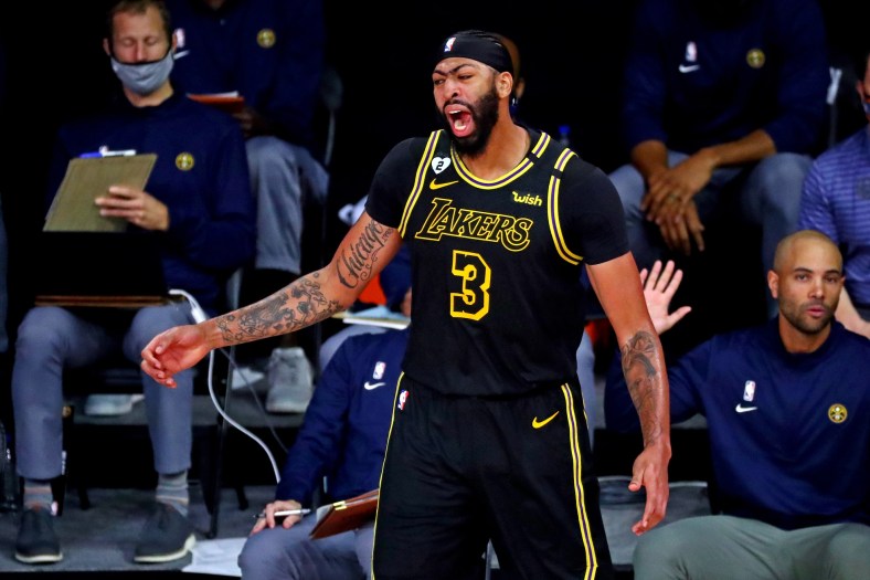 Los Angeles Lakers star Anthony Davis reacts after drilling clutch shot in Game 2