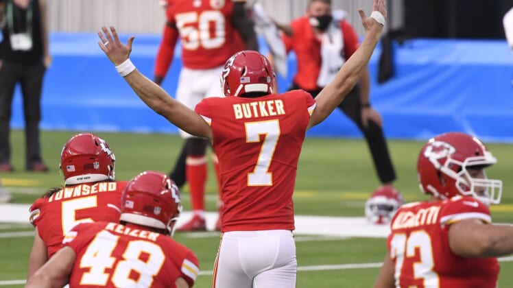 Kansas City Chiefs kicker Harrison Butker celebrates his game-wining field goal in Week 2