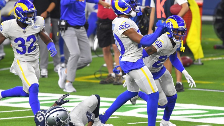 Los Angeles Rams CB Jalen Ramsey celebrates after Dallas Cowboys WR Amari Cooper's drop in Week 1