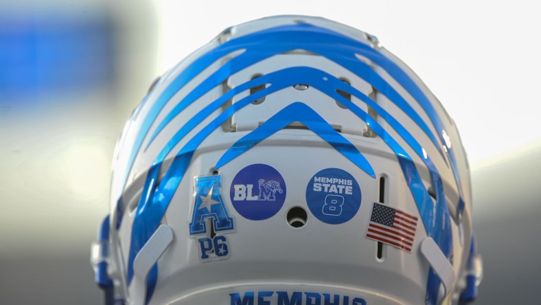 Memphis helmet during game against Arkansas State