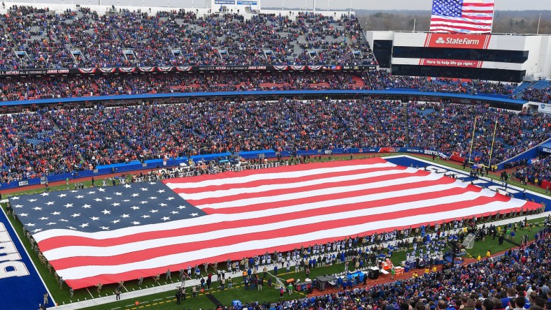Nov 24, 2019; Orchard Park, NY, USA; General view of an American Flag on the field during the National Anthem prior to the game between the Denver Broncos and the Buffalo Bills at New Era Field. Mandatory Credit: Rich Barnes-USA TODAY Sports