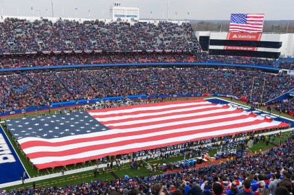 Nov 24, 2019; Orchard Park, NY, USA; General view of an American Flag on the field during the National Anthem prior to the game between the Denver Broncos and the Buffalo Bills at New Era Field. Mandatory Credit: Rich Barnes-USA TODAY Sports