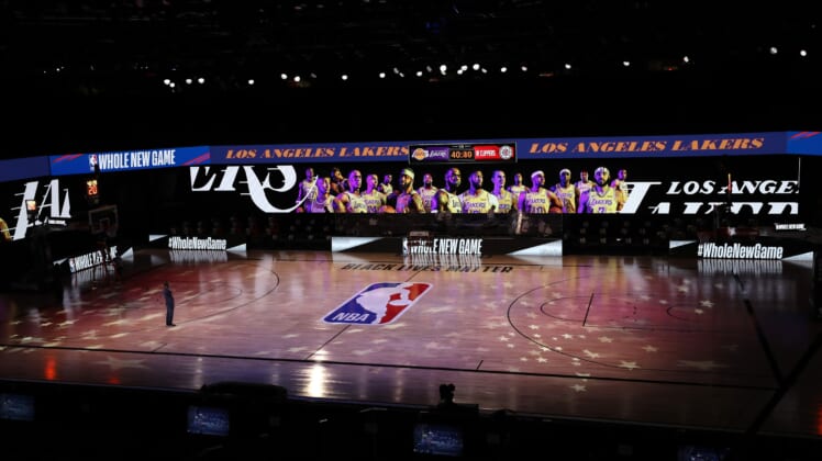 NBA logo at midcourt during 2020 season