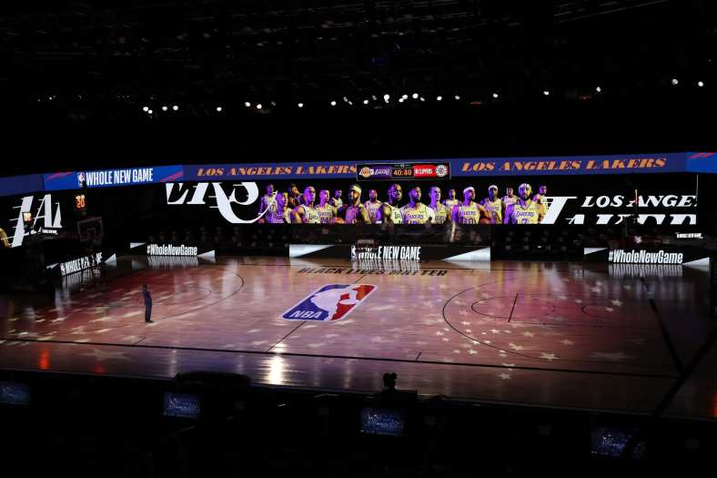 NBA logo at midcourt during 2020 season