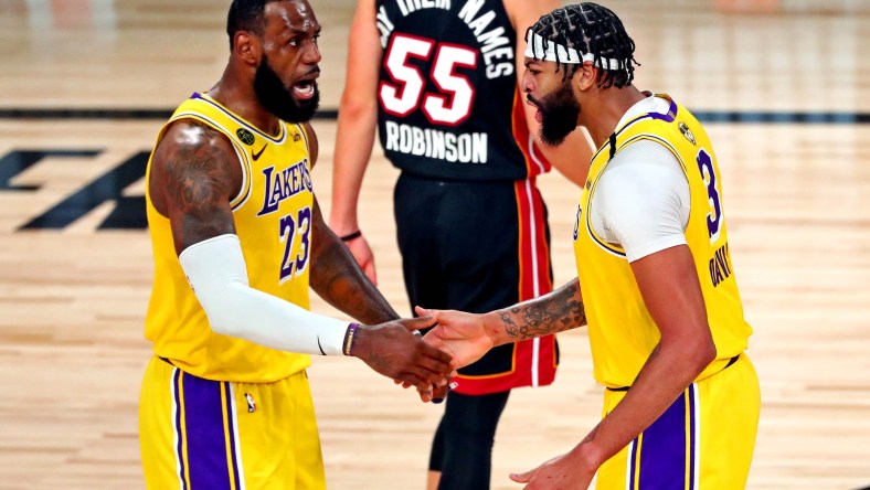 Los Angeles Lakers star LeBron James and Anthony Davis in Game 1 of NBA Finals